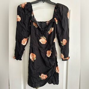 Reformation Black Mini Dress with Peach Floral Print and Puff Sleeves